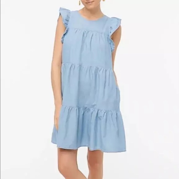 J Crew Chambray Ruffle Sleeve Tiered Mini Dress w Pockets, Cotton - Picture 1 of 14